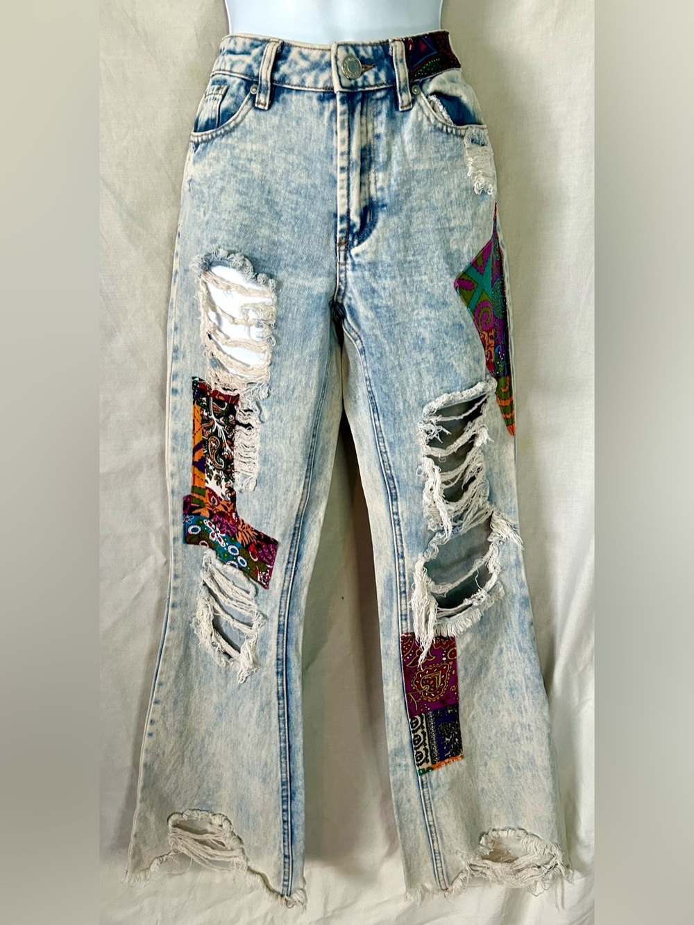 Almost Famous Multicolor Patchwork Distressed Light Denim Boot Cut Jeans, Size 5